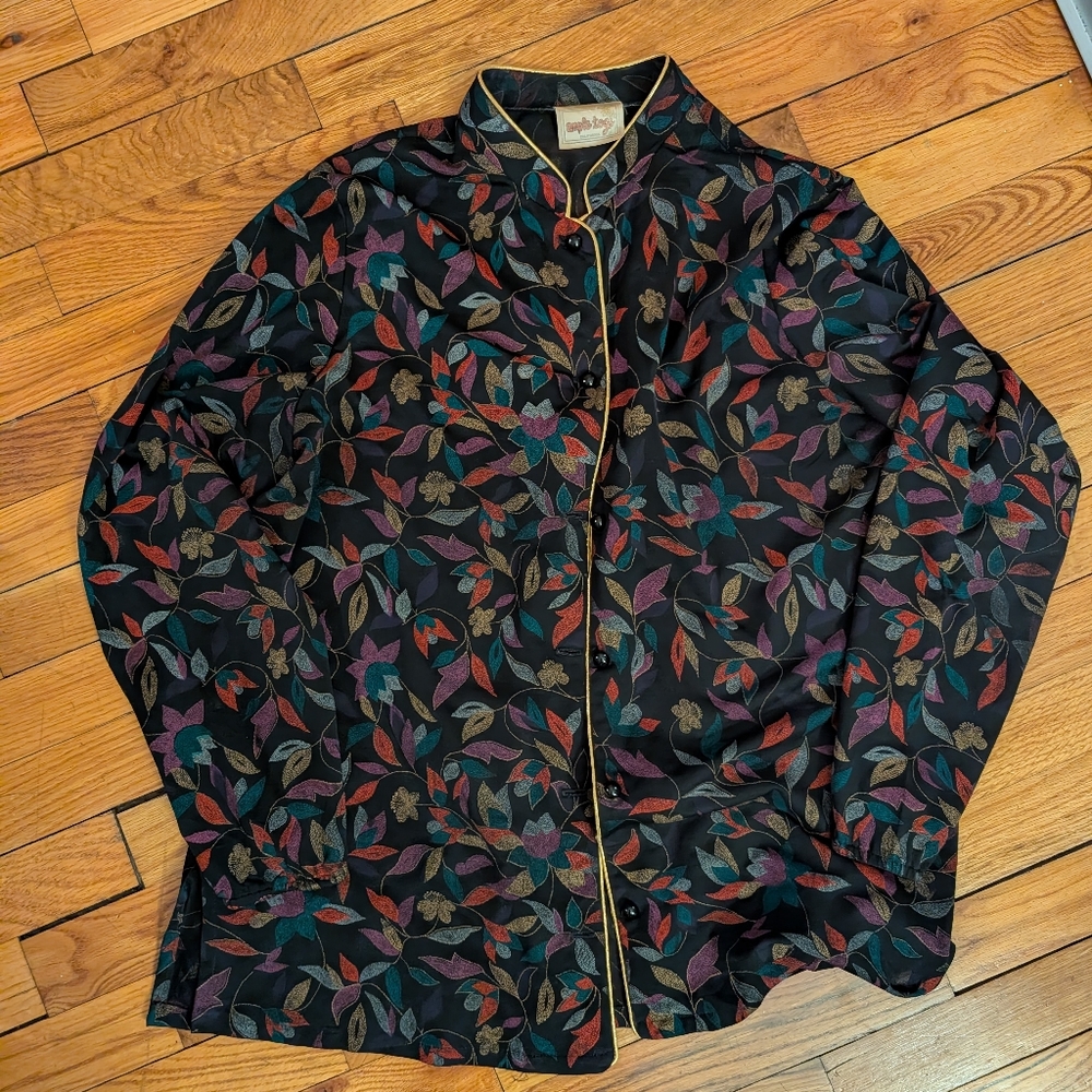 Vintage Back Mandarin Color Blouse With Floral Print And Gold Trim - Ample Togs
